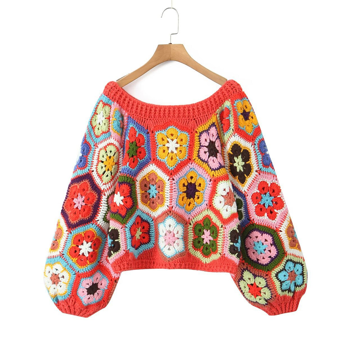 Damen lässiger, handgefertigter Pullover mit floralen Häkelmotiven R&B