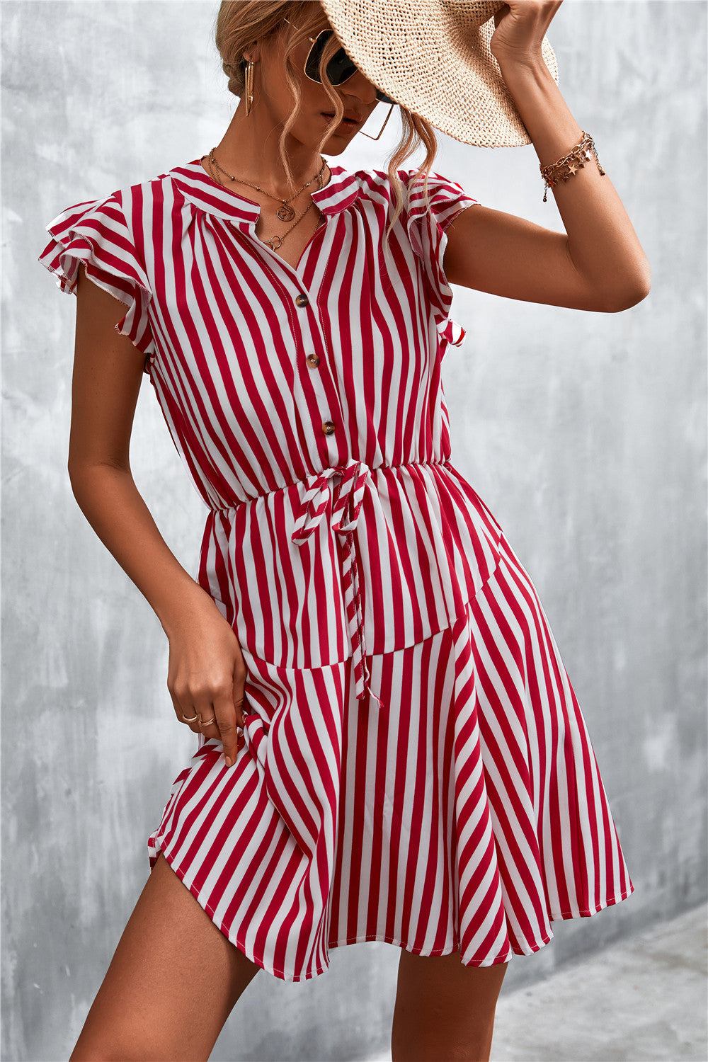 Damen Kurzarm-Kleid im angesagten Streifenlook mit Taillenzug und eleganten Rüschendetails R&B