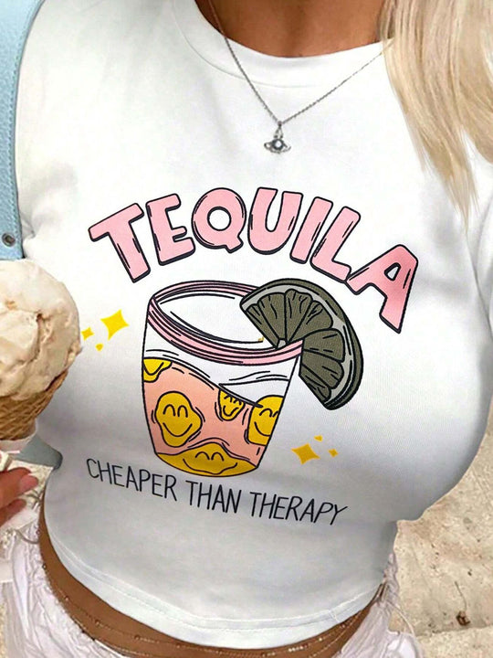 Damen Crop-Top mit kreativem Grafikdesign und modernem Schriftzug R&B