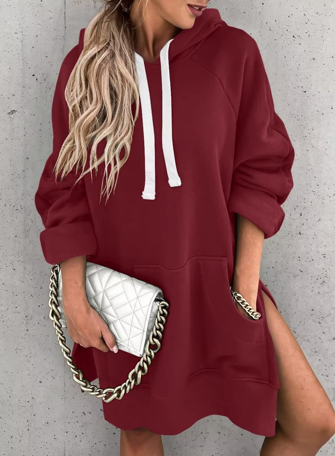 Damen lässiges Kapuzenkleid mit praktischen Eingrifftaschen und seitlichen Schlitzen R&B