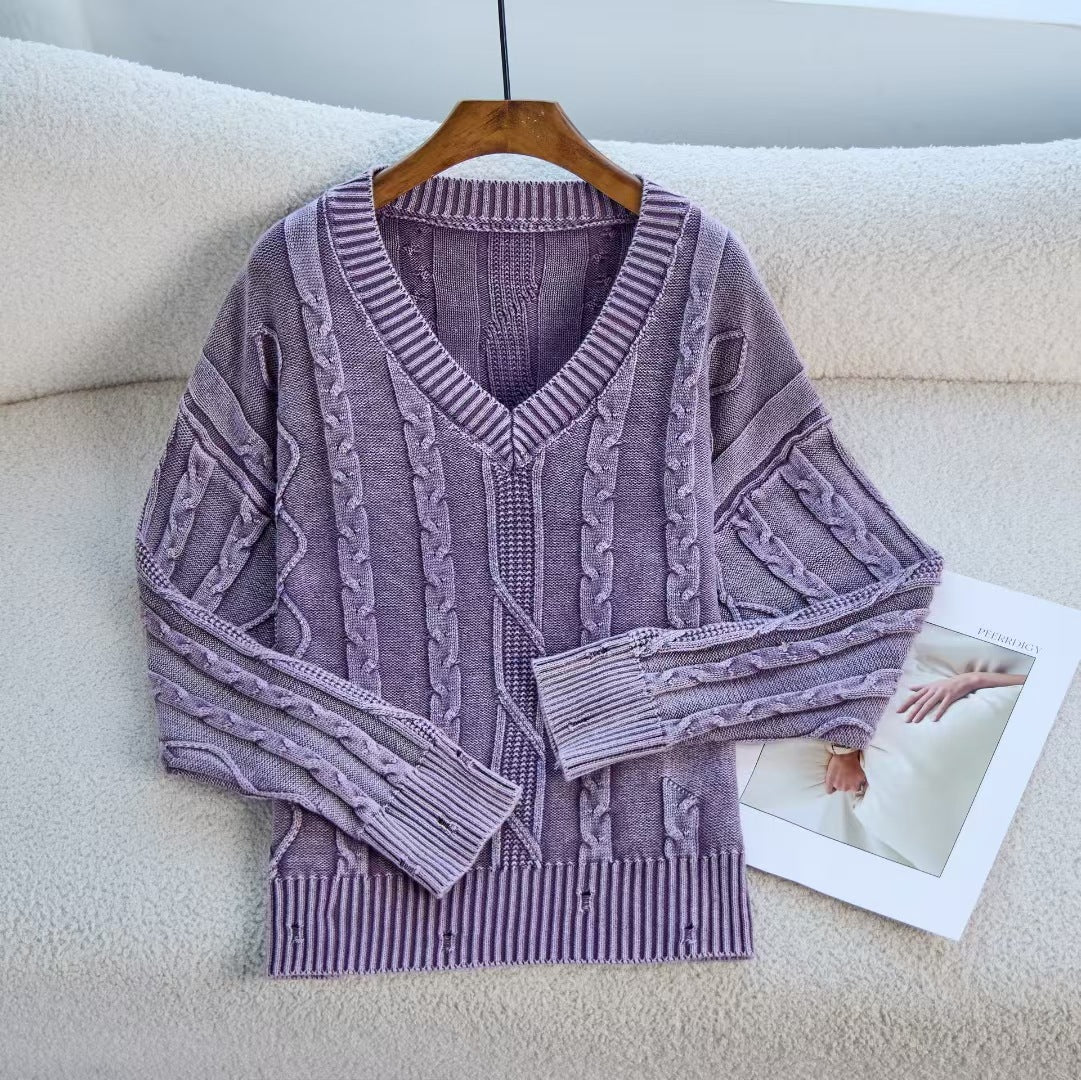 Damen Modischer Strickpullover mit V-Ausschnitt und Zopfmuster R&B