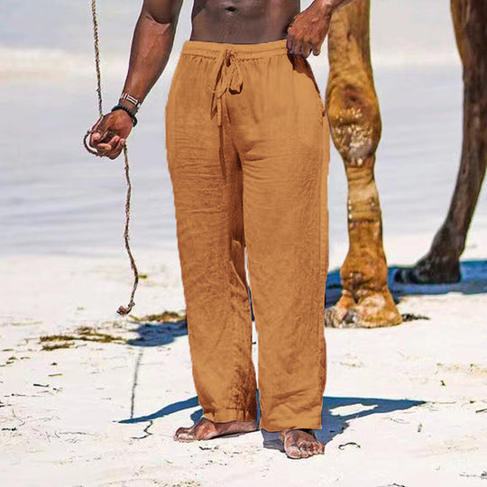 Herren lässige Strandhose aus leichtem Leinenstoff mit elastischem Bund und Kordelzug R&B