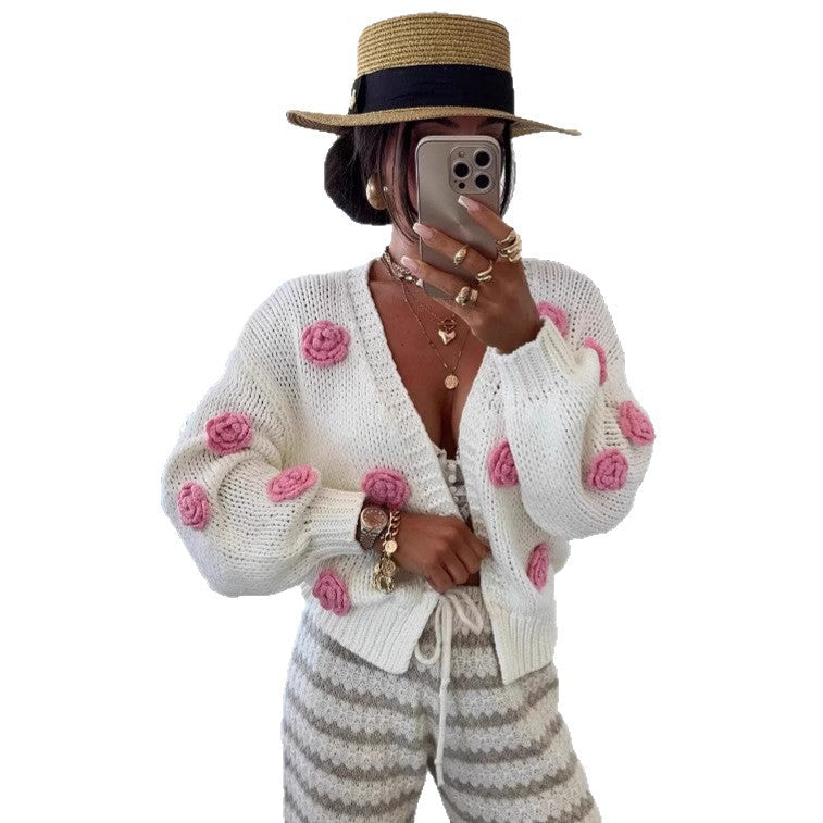 Damen gemütlicher Strickcardigan mit verspielten Blumenapplikationen R&B