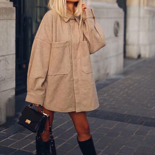Damen Oversized Hemdjacke aus hochwertigem Wollmix mit praktischen Taschen R&B