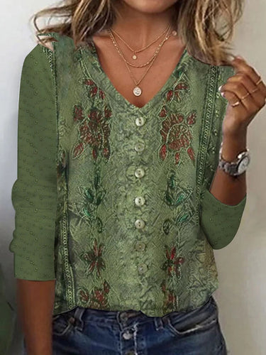 Damen V-Ausschnitt Bluse mit floralen Details und Knopfverschluss R&B