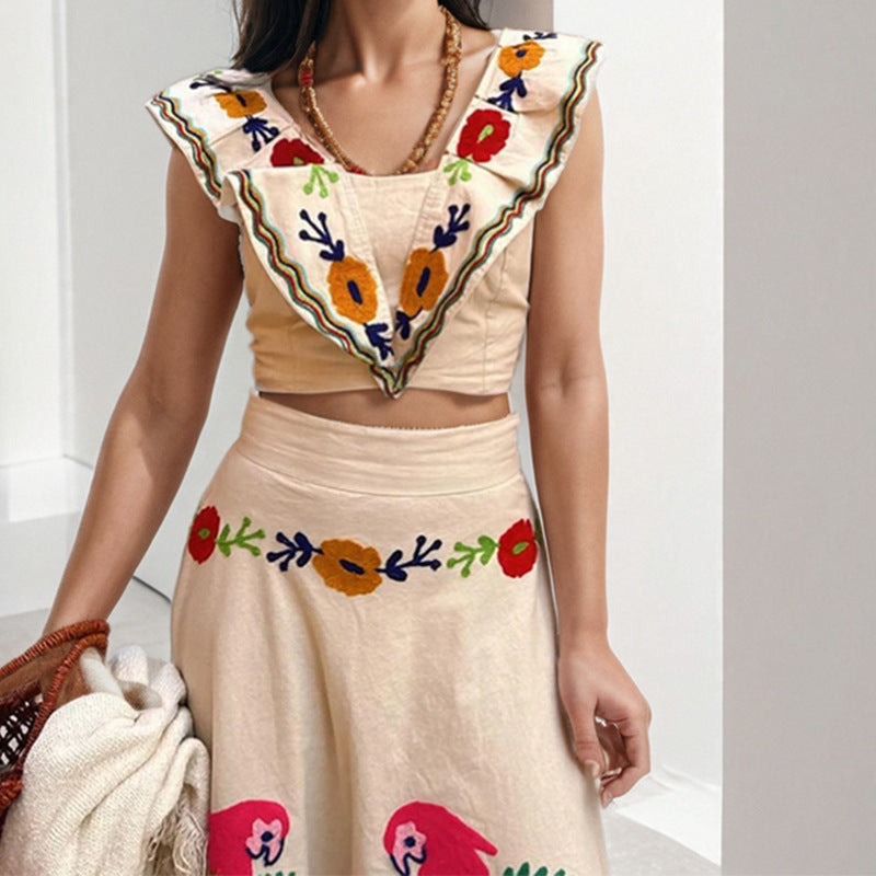 Damen Ethno-Inspiriertes Maxikleid mit Buntem Stickdesign und Volant R&B