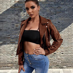 Damen modische Bikerjacke aus Kunstleder mit stilvollem Reißverschluss R&B