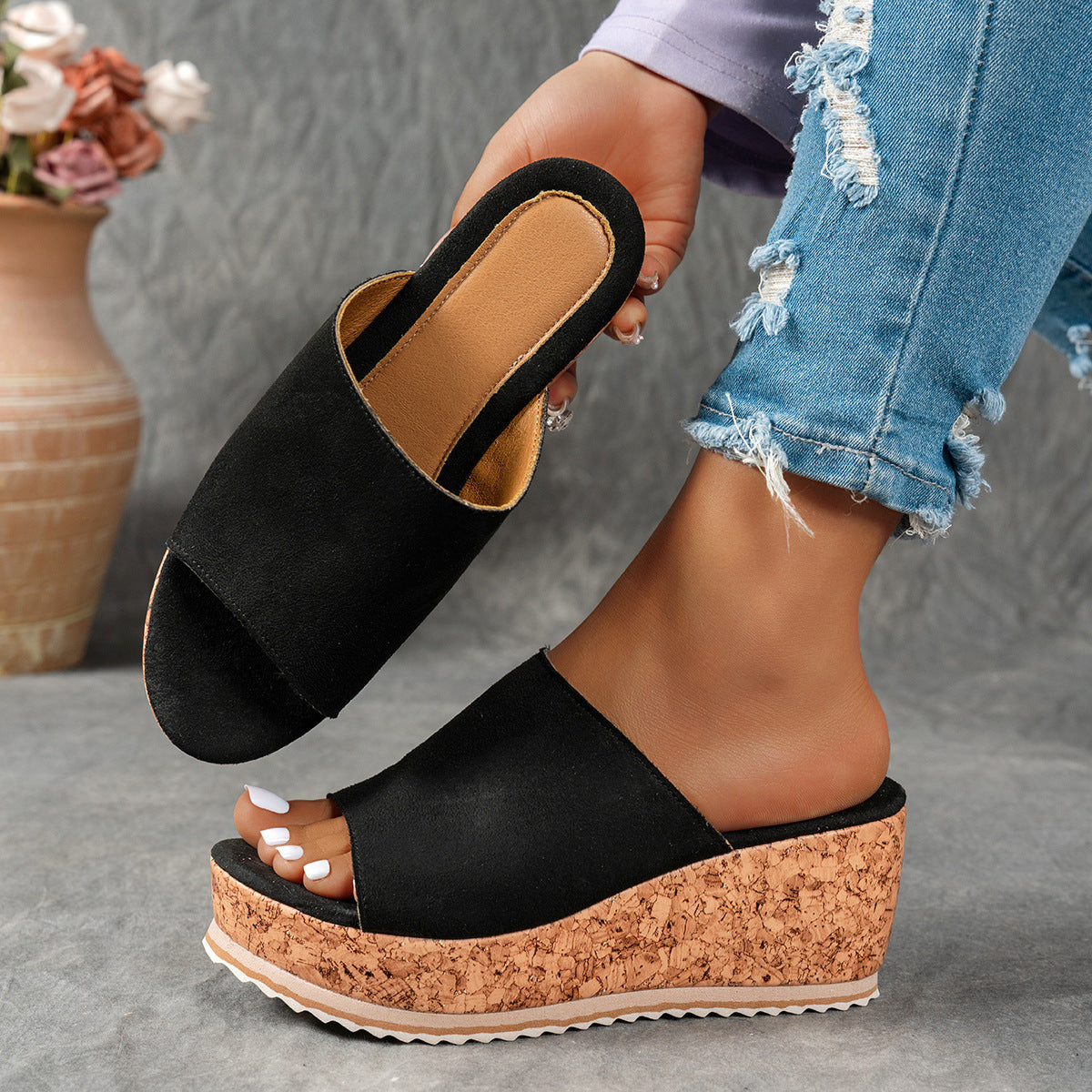 Damen Wedge-Pantoletten mit wildem Leopardenmuster und komfortabler Korksohle R&B