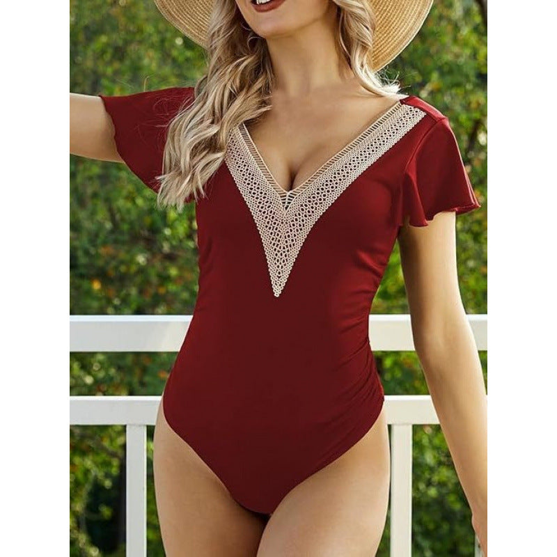 Damen Einteiler Badeanzug mit elegantem V-Ausschnitt und raffinierten Rüschendetails R&B