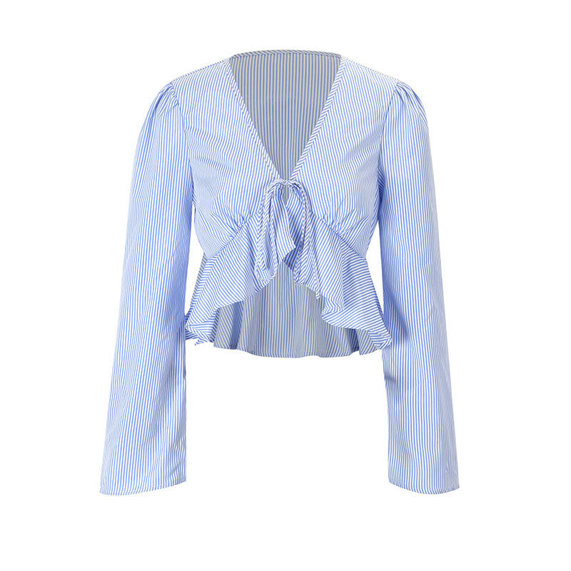 Damen cropped Bluse mit verspielten Rüschendetails und bindbarem Krawattenverschluss R&B