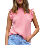 Damen luftige Bluse mit Rüschendetails und Stehkragen R&B