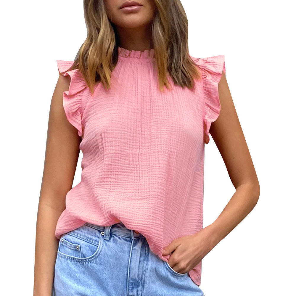 Damen luftige Bluse mit Rüschendetails und Stehkragen R&B