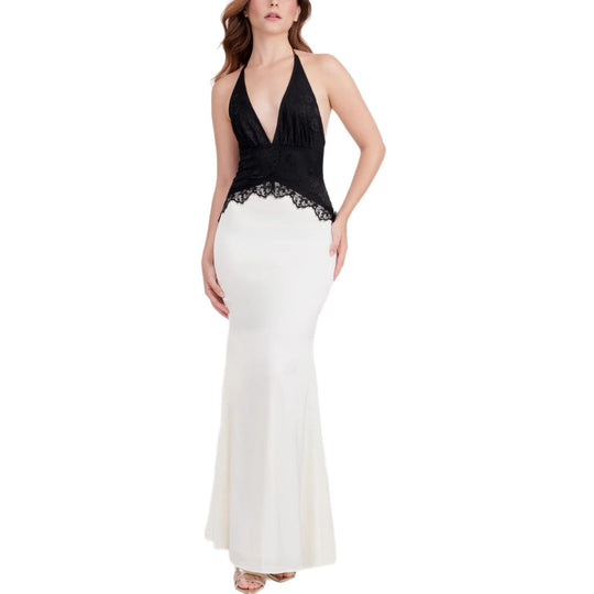 Damen Schickes Maxikleid mit Spitzenoberteil und V-Ausschnitt R&B