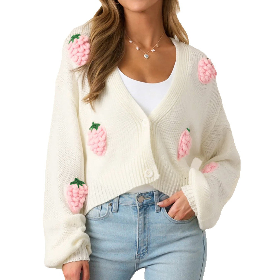 Damen lässige Strickjacke mit fruchtigen Applikationen und offenen Ärmeln R&B