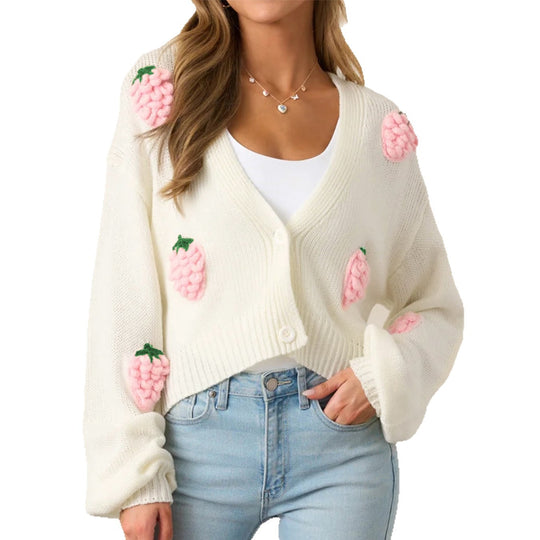 Damen lässige Strickjacke mit fruchtigen Applikationen und offenen Ärmeln R&B
