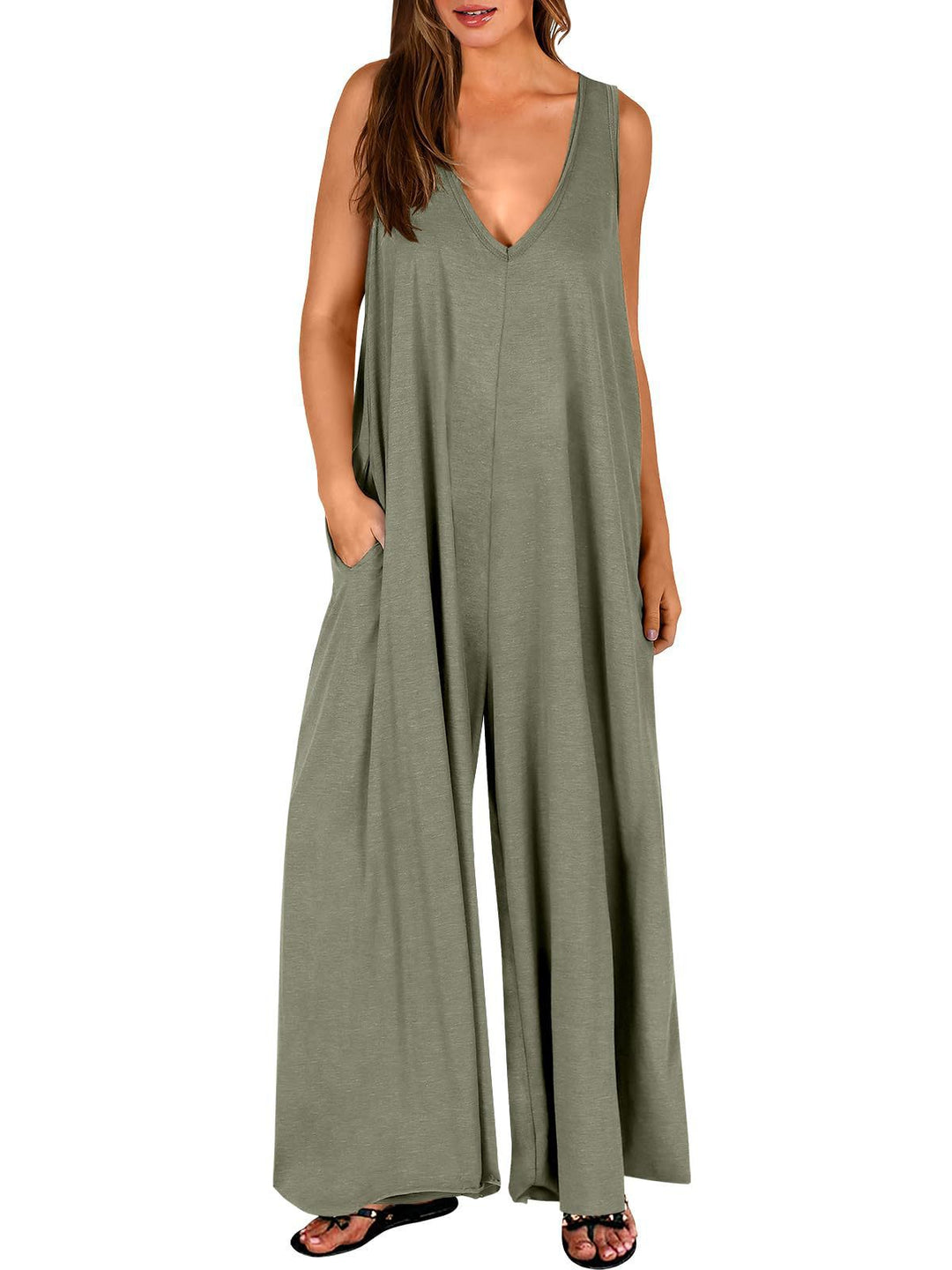 Damen Lockerer Jumpsuit mit tiefem V-Ausschnitt und seitlichen Taschen R&B