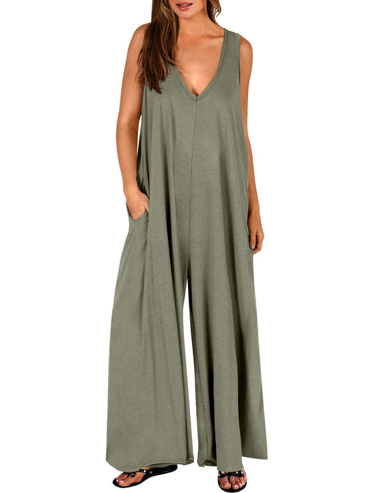 Damen Lockerer Jumpsuit mit tiefem V-Ausschnitt und seitlichen Taschen R&B