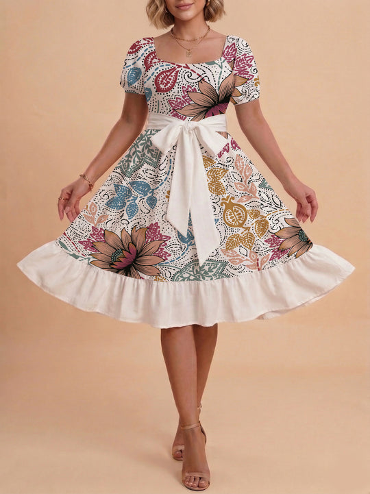 Damen modernes Blumenkleid mit elegantem Taillengürtel und asymmetrischem Saum R&B