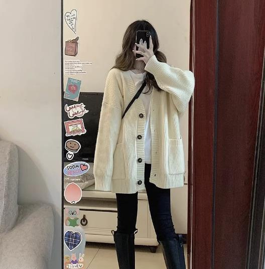 Damen Grobstrick Cardigan mit Taschen und tiefem V-Ausschnitt R&B
