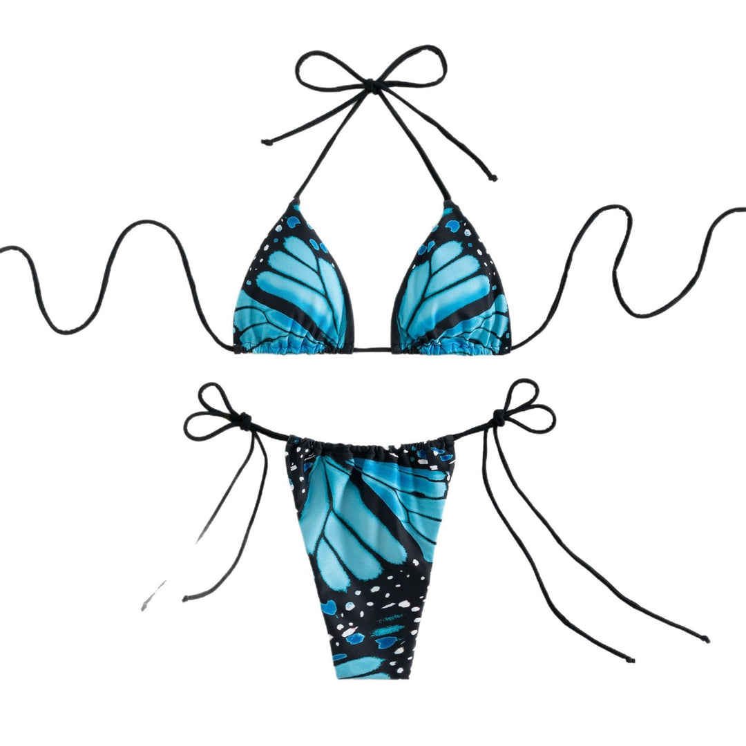Damen Triangel-Bikini mit buntem Schmetterlingsmuster und verstellbaren Bindebändern R&B