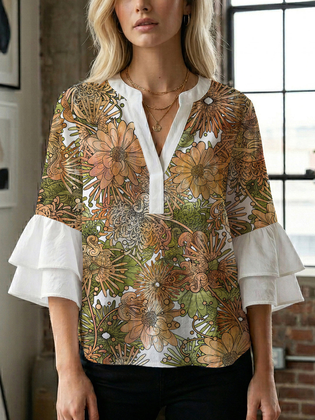 Damen Bluse mit voluminösen Rüschenärmeln und kreativem Floraldesign R&B