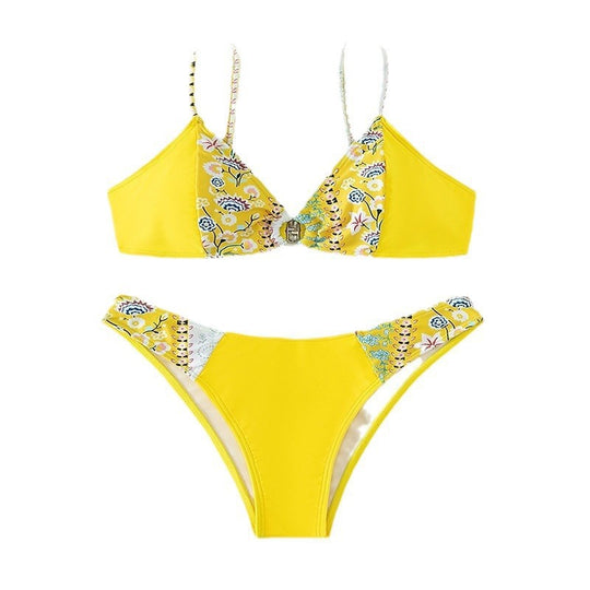 Damen Hoch tailliertes Bikini-Set mit buntem Blütenmuster und verstellbaren Trägern R&B