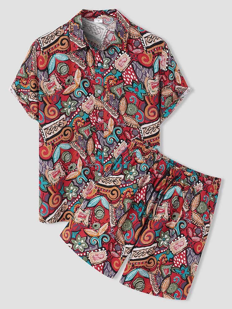 Damen kurzärmliges Ferienhemd mit buntem Muster und bequemen Shorts