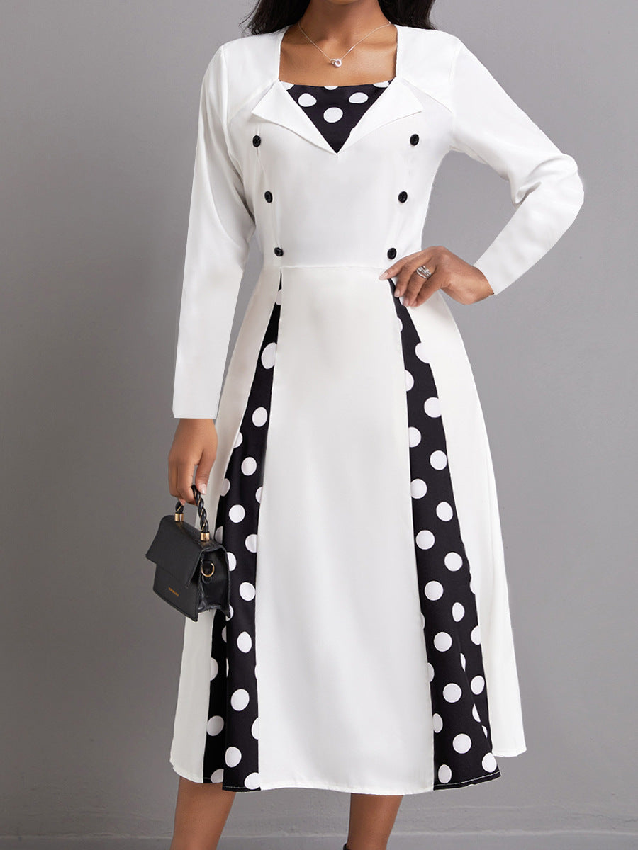 Damen Polka Dot Midi-Kleid mit eleganter Knopfleiste und Kontrastpanelen