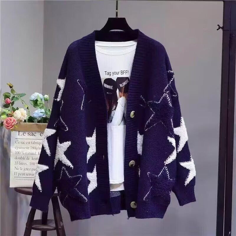 Damen Grobstrick-Cardigan mit Sternenmuster und tiefem V-Ausschnitt R&B