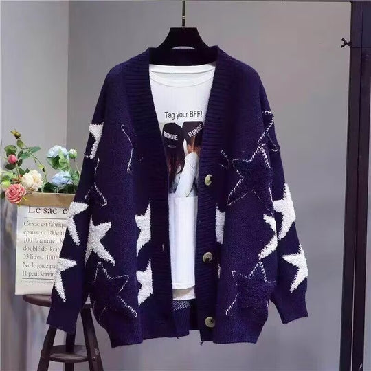 Damen Grobstrick-Cardigan mit Sternenmuster und tiefem V-Ausschnitt R&B
