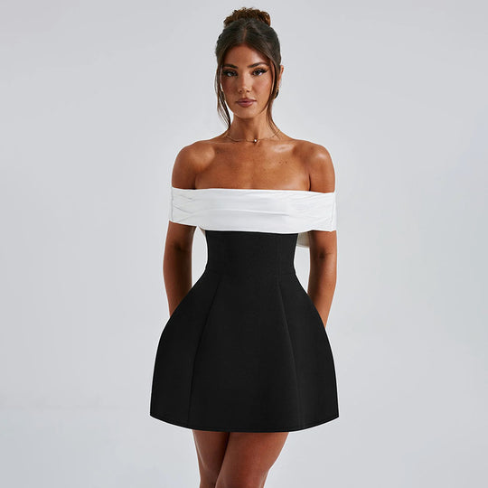 Damen schulterfreies Cocktailkleid mit elegantem Rüschenoberteil R&B