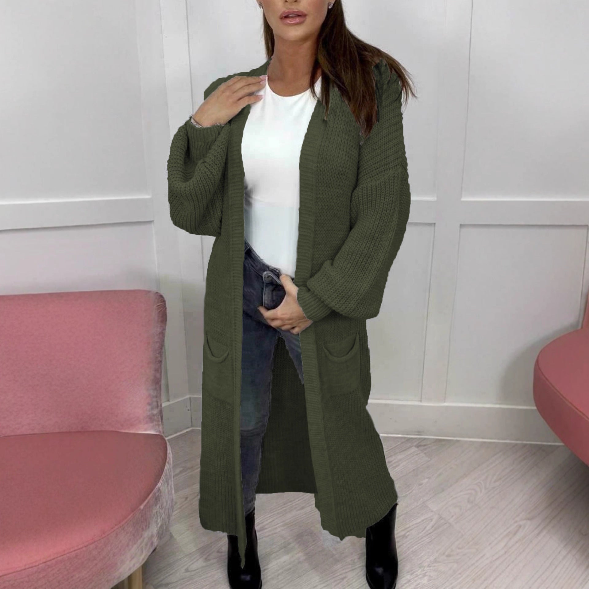 Damen Langer Strickcardigan mit strukturierter Maschenoptik und praktischen Taschen R&B