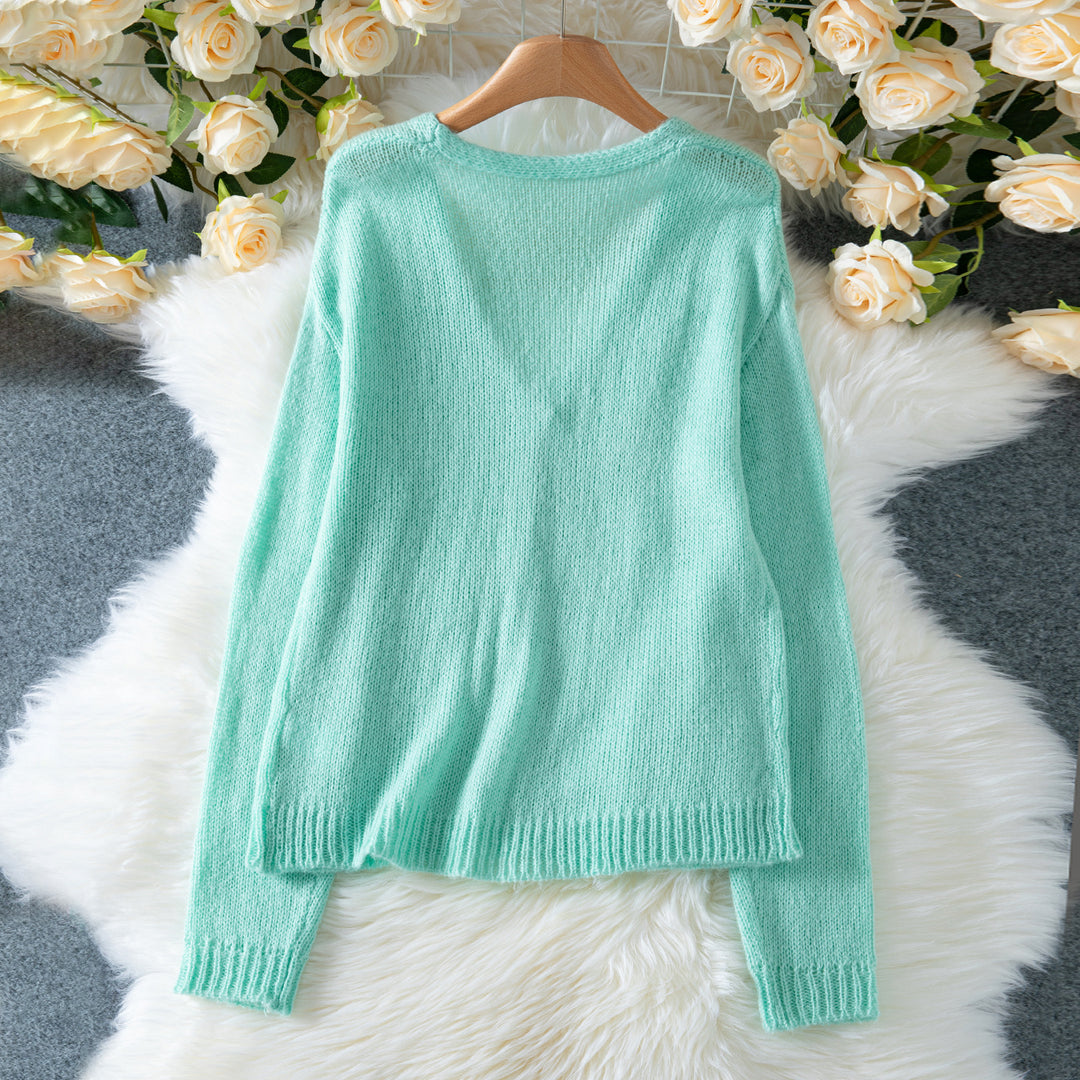 Damen gemütliche Strickjacke mit V-Ausschnitt und lässigen Puffärmeln R&B