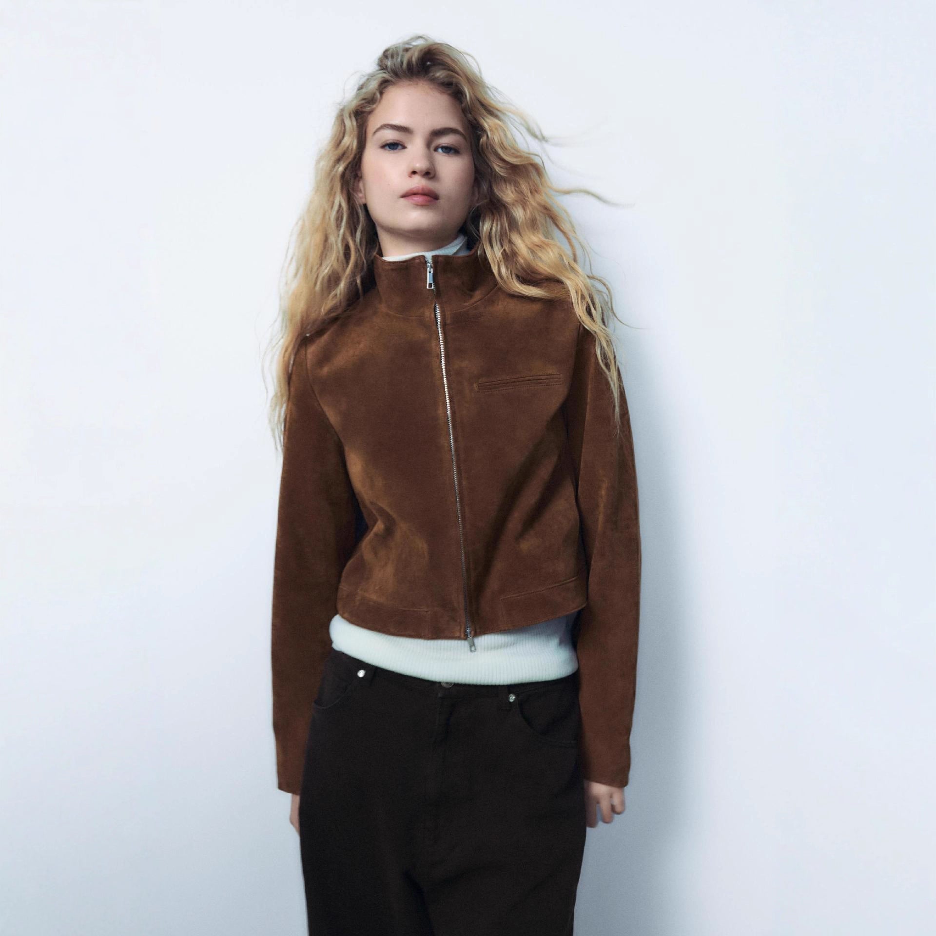 Damen Wildlederjacke mit modernem Stehkragen R&B