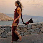 Damen Elegantes Maxikleid mit innovativem Wickeldesign und asymmetrischem Halterhals R&B