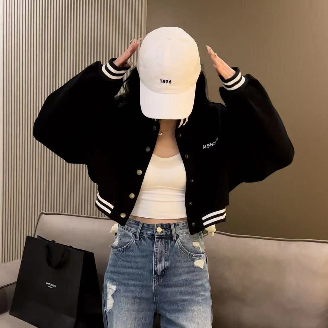 Damen lässige cropped Bomberjacke mit kontrastierenden Streifen und Druckknöpfen R&B