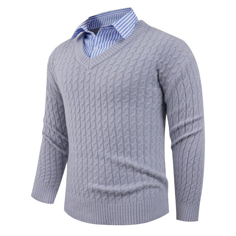 Herren Strickpullover mit Zopfmuster und V-Ausschnitt R&B