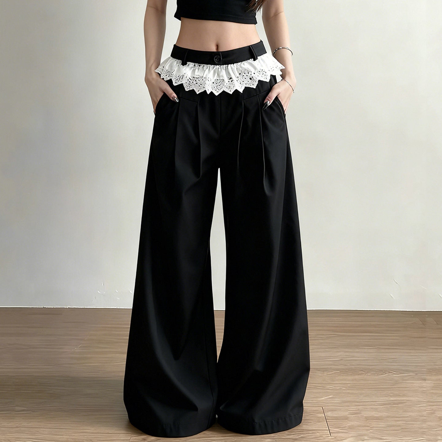 Damen Elegante weite High-Waist-Hose mit Spitzenbesatz R&B