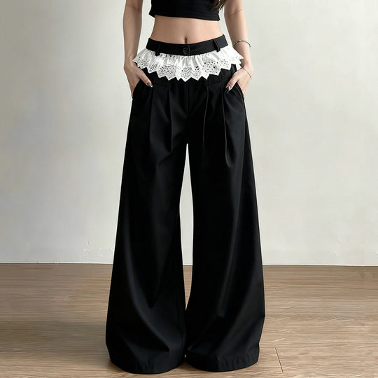 Damen Elegante weite High-Waist-Hose mit Spitzenbesatz R&B