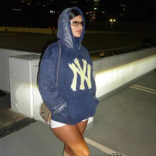 Damen nan übergroßer Kapuzenpullover aus Samtfleece mit markantem Logoprint, Glitzerbesatz und Kängurutasche R&B
