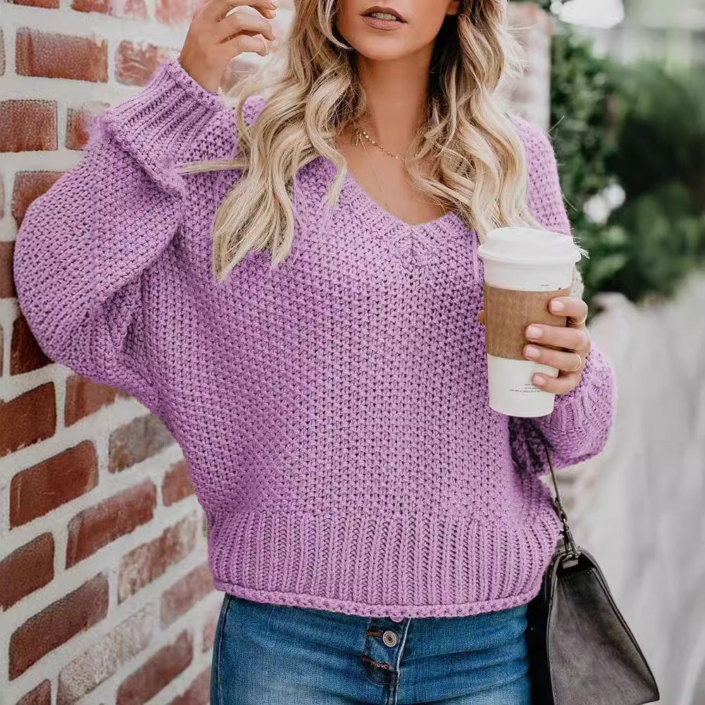 Damen lässiger V-Ausschnitt Pullover mit lockerem Schnitt und strukturiertem Strick R&B