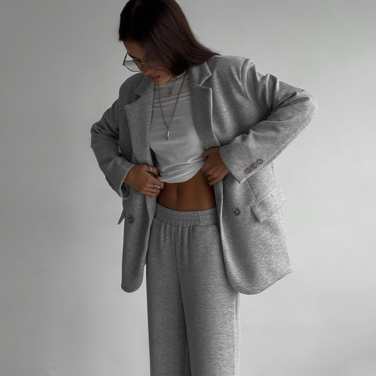 Damen elegantes und lässiges Anzugset mit doppelter Knopfleiste und weitem Bein R&B