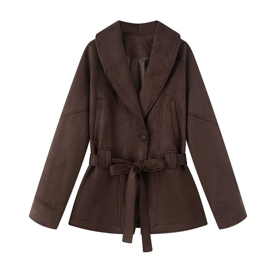 Damen elegante Jacke mit Taillengürtel und modernem Kragen R&B