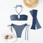 Damen Bandeau-Bikini-Set mit asymmetrischen Ärmeln und verstellbaren Trägern R&B