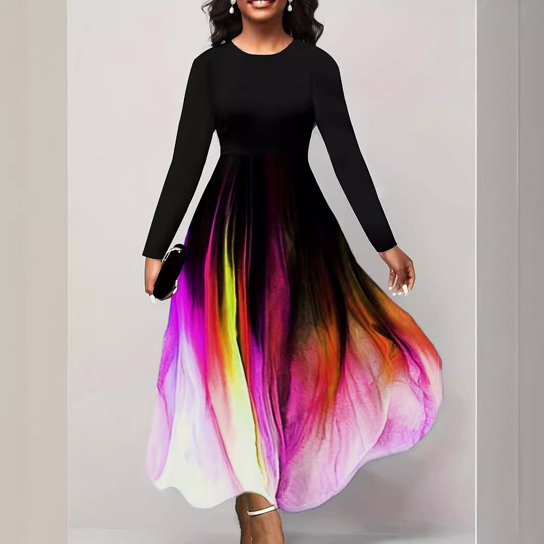 Damen Elegantes Maxikleid mit kreativer Farbverlauf-Optik und langen Ärmeln R&B