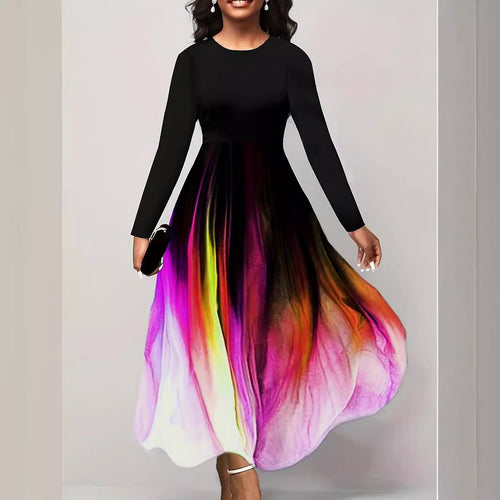 Damen Elegantes Maxikleid mit kreativer Farbverlauf-Optik und langen Ärmeln R&B