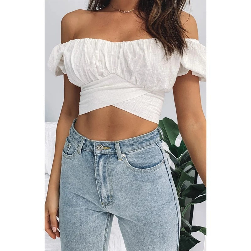 Damen Off-Shoulder Crop-Top mit Rüschendetails und elegantem Wickeldesign R&B