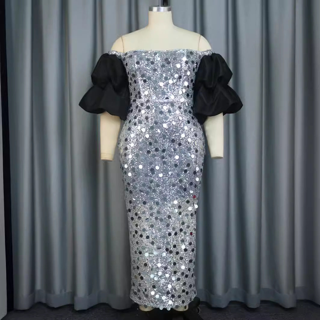 Damen Glitzerndes Abendkleid mit voluminösen Puffärmeln R&B
