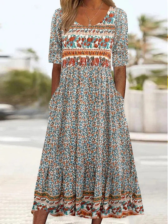 R&B | Rundhalsausschnitt Kurzarm Bohemian Print Kleid Frauen