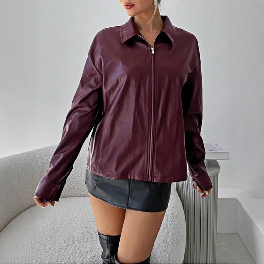 Damen leichtgewichtige Kunstlederjacke mit modernem Reißverschluss R&B